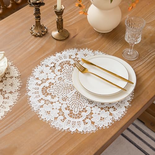 VIRFONOR 2pack Round Lace Placemats for Dining Table,15inch Delicate Floret Embroidered Lace Doilies vase mat for Christmas Daily Use, Washable (White Round 15inch) - Image 4