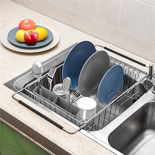SANNO Large Expandable Dish Drying Rack Over Sink Dish Rack with Utensil Silverware Storage Holder Over The Sink Adjustable Arms Dish Drying Drainer,Stainless Steel, in Sink or On Counter - Image 3