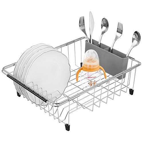 SANNO Large Expandable Dish Drying Rack Over Sink Dish Rack with Utensil Silverware Storage Holder Over The Sink Adjustable Arms Dish Drying Drainer,Stainless Steel, in Sink or On Counter - Image 5