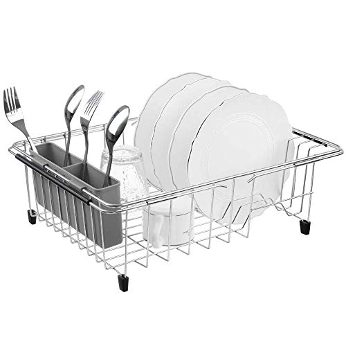 SANNO Large Expandable Dish Drying Rack Over Sink Dish Rack with Utensil Silverware Storage Holder Over The Sink Adjustable Arms Dish Drying Drainer,Stainless Steel, in Sink or On Counter - Image 4