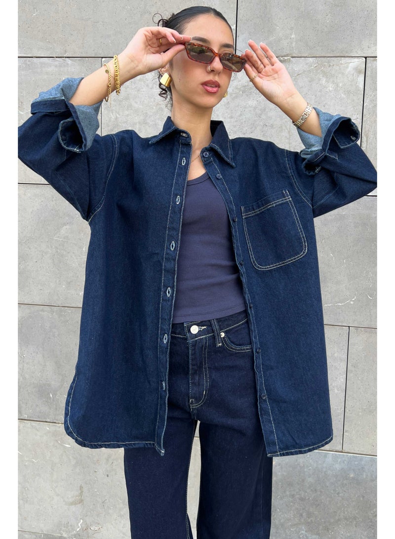 CIZARO Oversized - Raw Denim Unwashed Ink Shirt  - Image 3