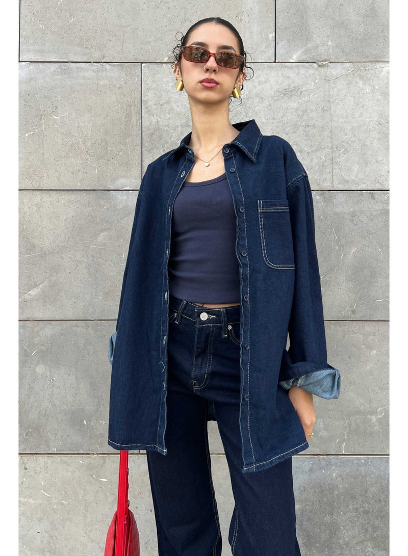 CIZARO Oversized - Raw Denim Unwashed Ink Shirt  - Image 4