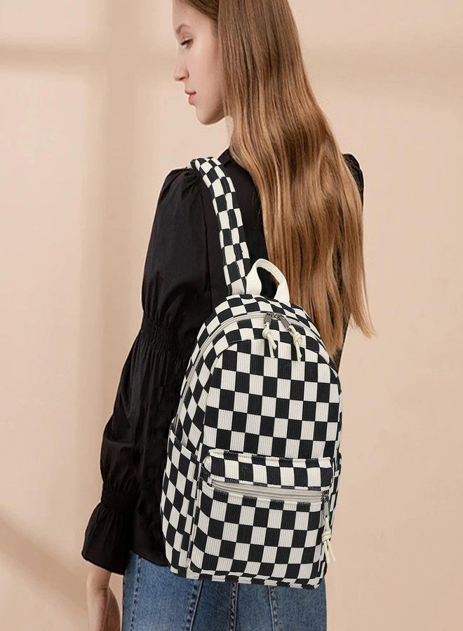 Dezcrab Corduroy Mini Backpack Purse Fashion Small Backpack Casual Daypack for Women Girls School Travel (Checkered Black) - Image 2