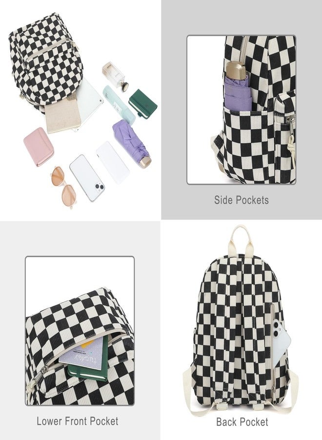 Dezcrab Corduroy Mini Backpack Purse Fashion Small Backpack Casual Daypack for Women Girls School Travel (Checkered Black) - Image 3