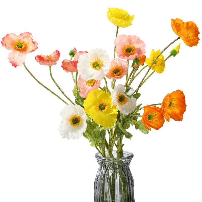 6 Pcs Silk Artificial Poppy Faux Poppy Spring Flowers for Home Kitchen Wedding Decorations Floral Arrangement Table Centerpieces Vase Bouquet Mixed Colors