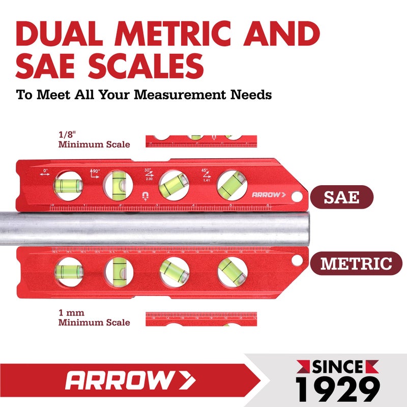 Arrow Fastener ARROW 8-Inch Torpedo Level, Magnetic Level Tool with 0Â°/30Â°/45Â°/90Â° Bubbles, Top-view Windows, Aluminium Alloy Frame, Dual Metric and SAE Scales - Image 5