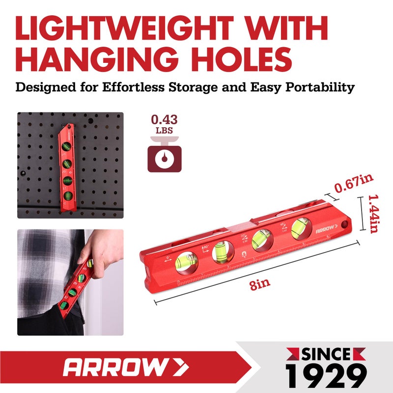 Arrow Fastener ARROW 8-Inch Torpedo Level, Magnetic Level Tool with 0Â°/30Â°/45Â°/90Â° Bubbles, Top-view Windows, Aluminium Alloy Frame, Dual Metric and SAE Scales - Image 4