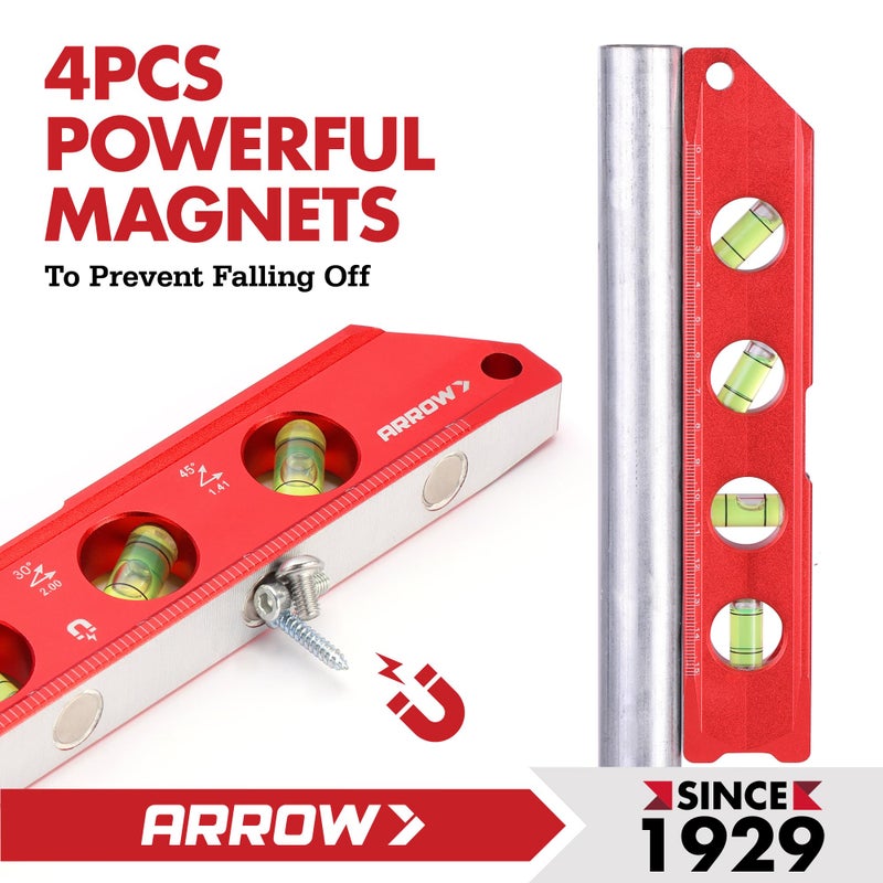 Arrow Fastener ARROW 8-Inch Torpedo Level, Magnetic Level Tool with 0Â°/30Â°/45Â°/90Â° Bubbles, Top-view Windows, Aluminium Alloy Frame, Dual Metric and SAE Scales - Image 3
