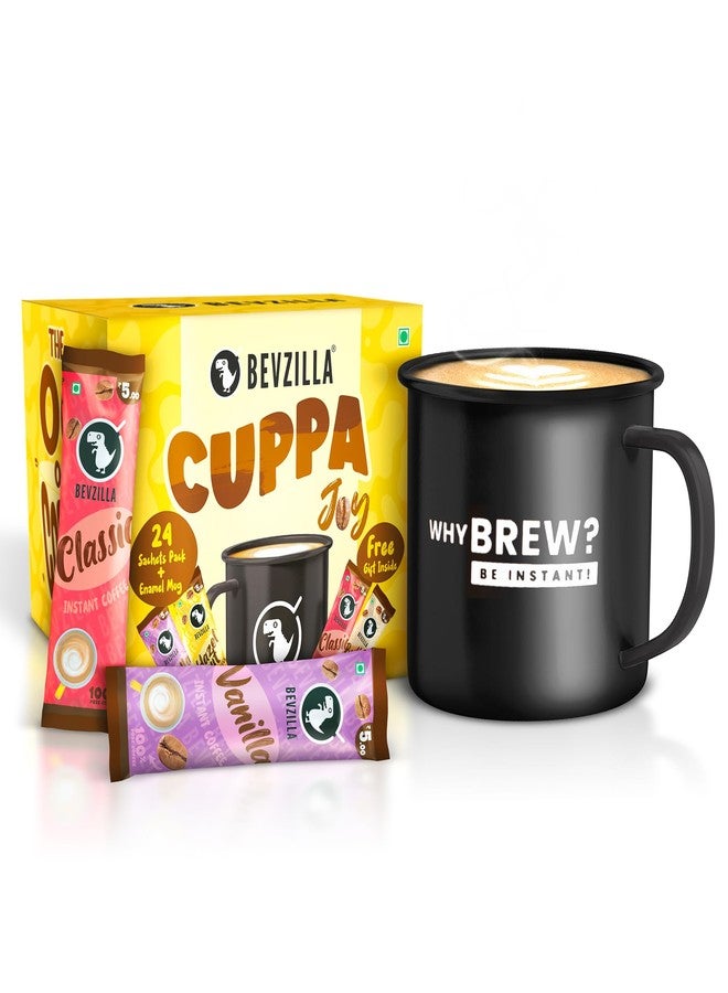 Bevzilla 24 Flavoured Coffee Sachets & Enamel Mug | Makes 24 Cups| 6 Sachets Each Flavour | Turkish Hazelnut, Colombian Gold, French Vanilla & English Butterscotch | Cuppa Joy Box - Image 1