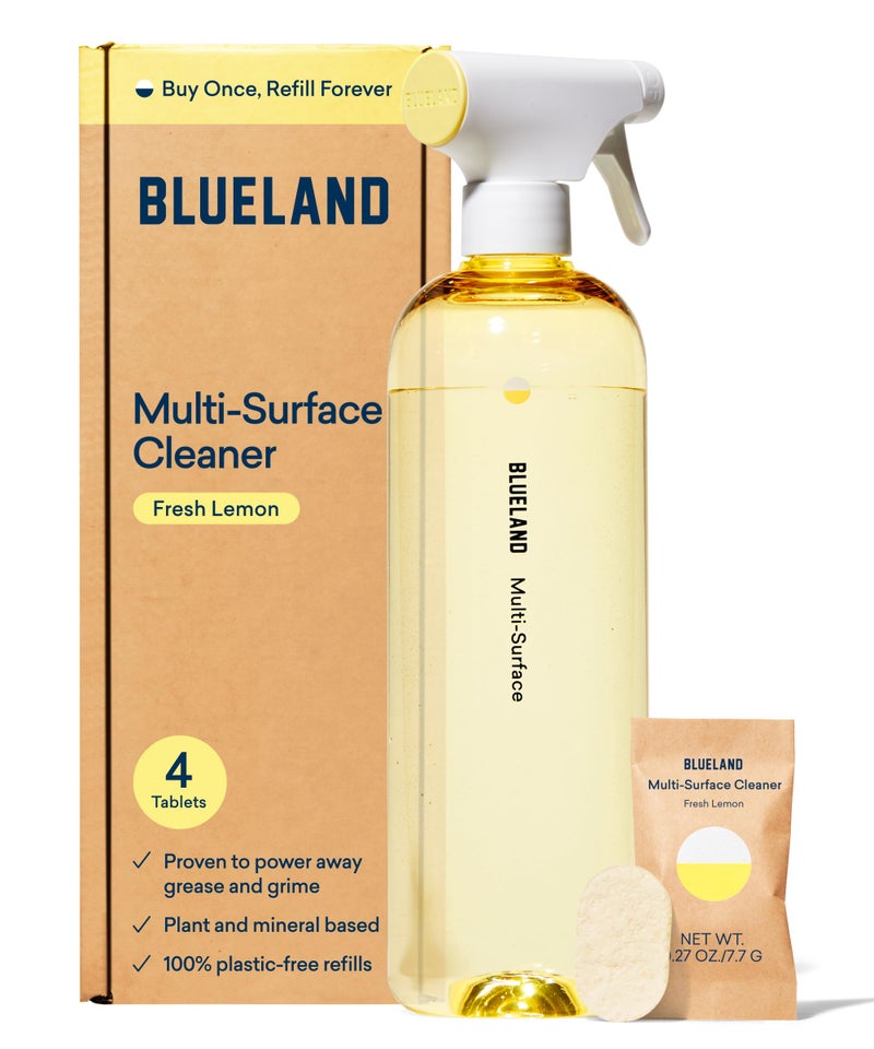 BLUELAND Multi-surface Cleaner, Starter Set, Fresh Lemon Scent, Spray Bottle with 4 Refill Tablets, All-Purpose, Eco-Friendly Cleaning Supplies, 4 x 24 Fl oz - Image 1