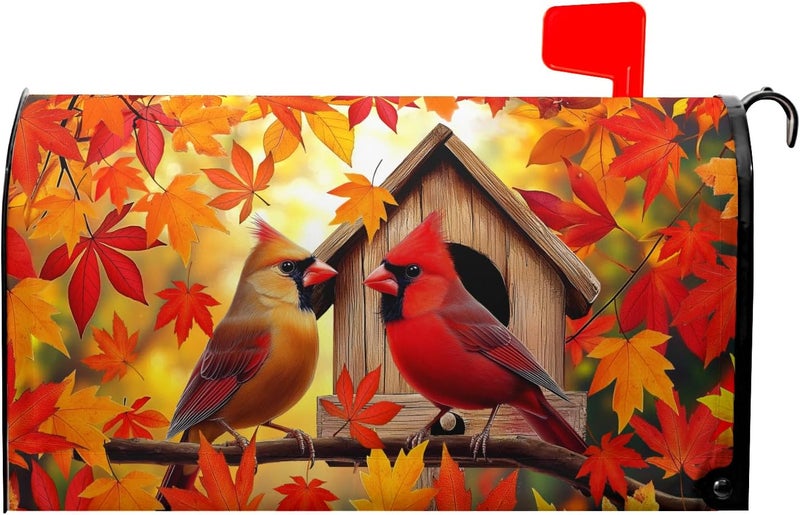 Anyako Autumn Burnt Orange Maple Leaf Mailbox Cover Fall Orange Leaves Mailbox Covers 21 X 18 Inch Magnetic Standard Size Fall Maple and Cardinal Bird Wrap Post Letter Box Home Outdoor Yard Garden Decor - Image 2
