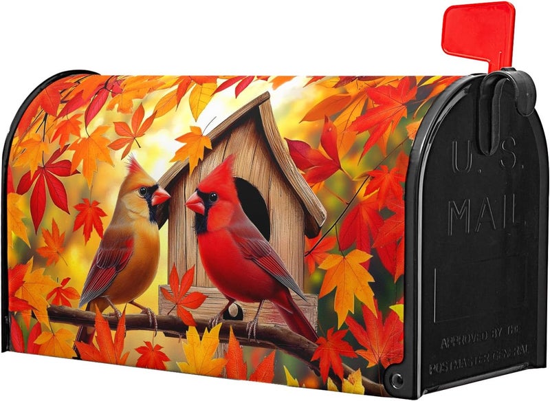 Anyako Autumn Burnt Orange Maple Leaf Mailbox Cover Fall Orange Leaves Mailbox Covers 21 X 18 Inch Magnetic Standard Size Fall Maple and Cardinal Bird Wrap Post Letter Box Home Outdoor Yard Garden Decor - Image 1