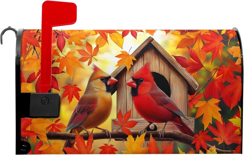 Anyako Autumn Burnt Orange Maple Leaf Mailbox Cover Fall Orange Leaves Mailbox Covers 21 X 18 Inch Magnetic Standard Size Fall Maple and Cardinal Bird Wrap Post Letter Box Home Outdoor Yard Garden Decor - Image 3