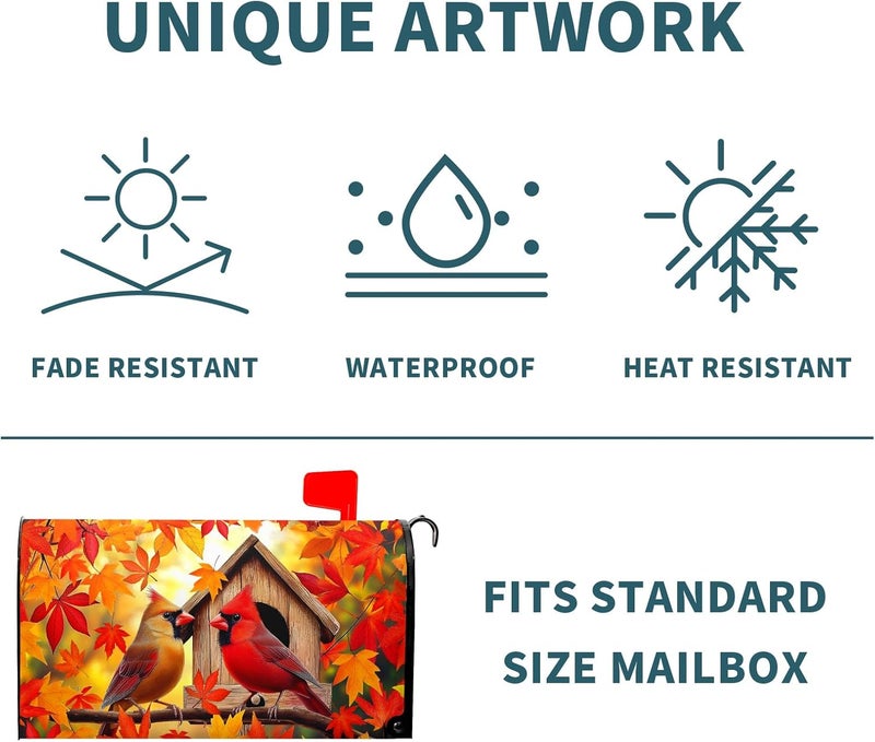 Anyako Autumn Burnt Orange Maple Leaf Mailbox Cover Fall Orange Leaves Mailbox Covers 21 X 18 Inch Magnetic Standard Size Fall Maple and Cardinal Bird Wrap Post Letter Box Home Outdoor Yard Garden Decor - Image 4