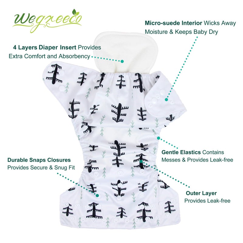 wegreeco Cloth Diapers 6 Pack with 6 Inserts & 1 Wet Bag, Washable Cloth Diapers for Babies, One Size Adjustable Reusable (Forest, Animals) - Image 2