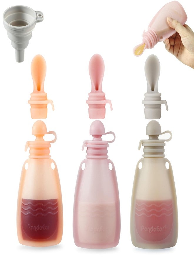 PandaEar 3 Pack Reusable Silicone Baby Food Pouches Squeeze Pouches for Toddler Kids with 3 Silicone Puree Feeder Spoon BPA-Free Silicone Refillable Baby Food Storage 5.5oz(Dark pink/Light Pink/Linen) - Image 1