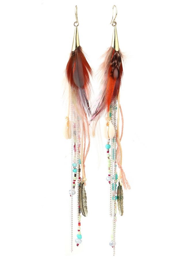 Badu Boho Colorful Feather Feather Dangle Earrings for Women Bohemian Shell Beads Long Tassel Design Drop Earrings - Image 1