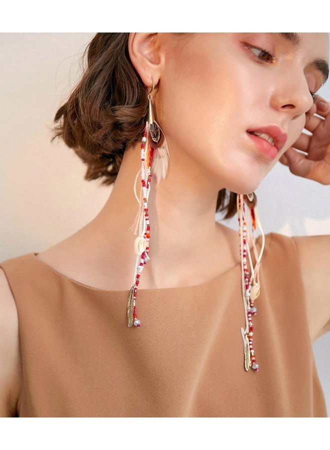 Badu Boho Colorful Feather Feather Dangle Earrings for Women Bohemian Shell Beads Long Tassel Design Drop Earrings - Image 3