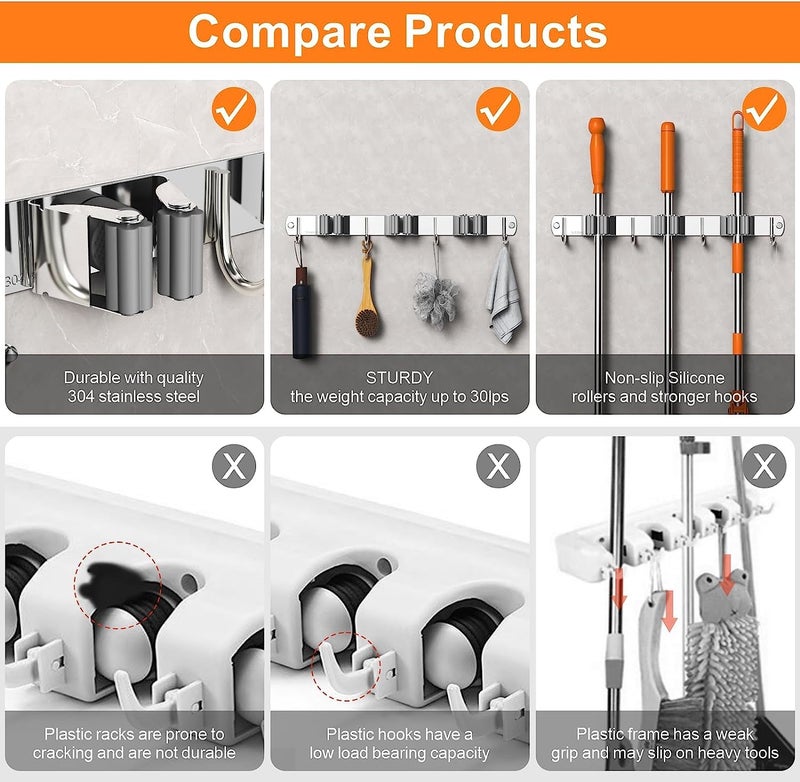 BAREPEPE 304 Stainless Steel Mop And Broom Holder Wall Mounted Stand - Pack Of 1, Hanging Shelves - Image 3