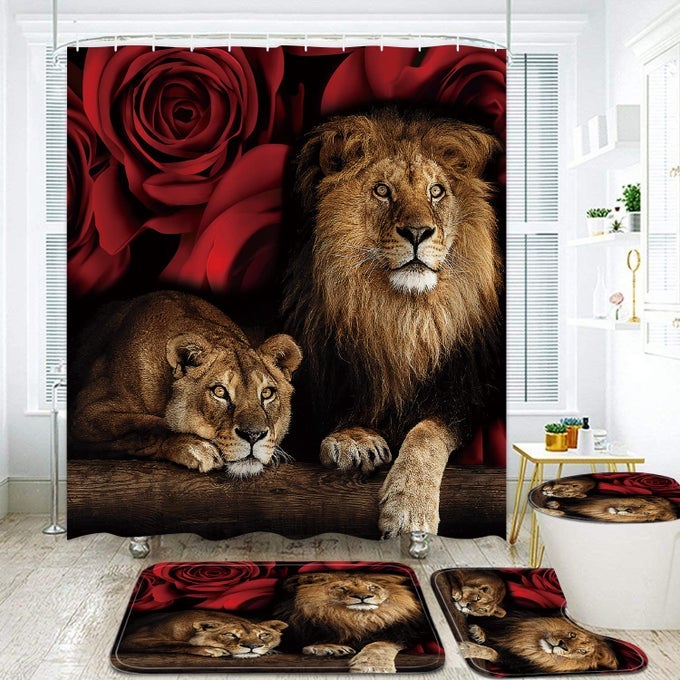 4PCS RED ROSE AND LION SHOWER CURTAIN BATHROOM SET WITH RUGS TOILET LID COVER AND BATH MAT RED SHOWER CURTAIN WITH 12 HOOKS COMPLETE BATHROOM ACCESSORIES DECOR SET