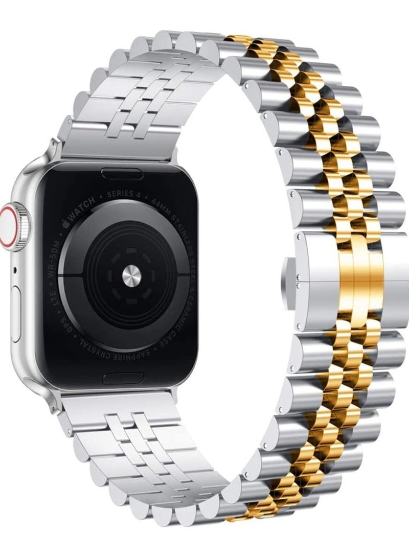 ELTRAZONE Compatible with Apple Watch Band 44mm 42mm 40mm 38mm Stainless Steel Heavy Band with Butterfly Folding Clasp Link Bracelet for iWatch Series 6/SE Series 5/4/3/2/1 Men Silver/Gold 44mm/42mm  - Image 1