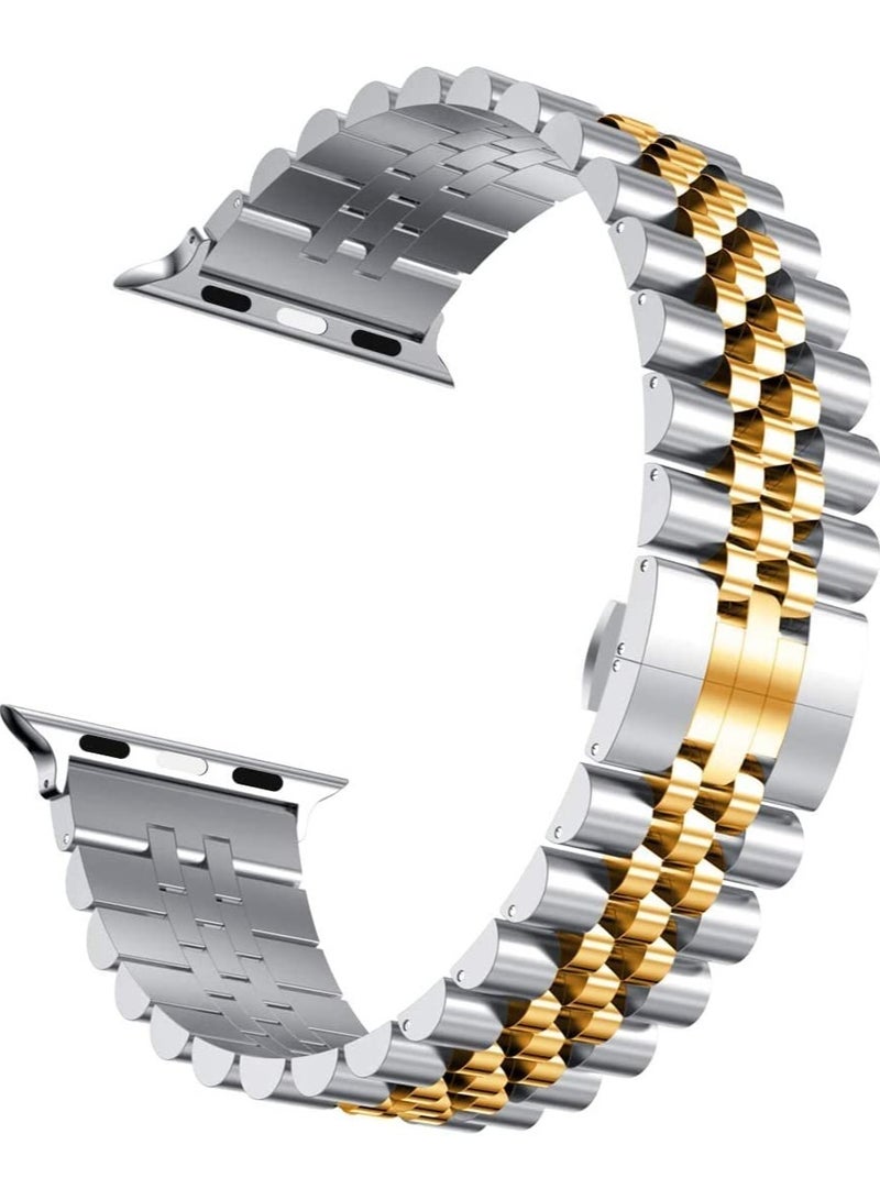 ELTRAZONE Compatible with Apple Watch Band 44mm 42mm 40mm 38mm Stainless Steel Heavy Band with Butterfly Folding Clasp Link Bracelet for iWatch Series 6/SE Series 5/4/3/2/1 Men Silver/Gold 44mm/42mm  - Image 2
