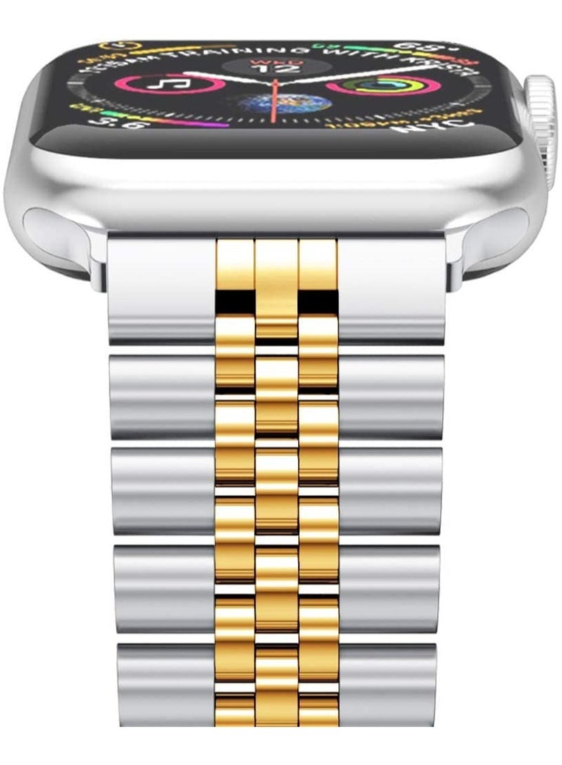 ELTRAZONE Compatible with Apple Watch Band 44mm 42mm 40mm 38mm Stainless Steel Heavy Band with Butterfly Folding Clasp Link Bracelet for iWatch Series 6/SE Series 5/4/3/2/1 Men Silver/Gold 44mm/42mm  - Image 3