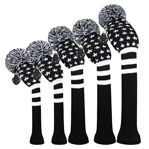 Scott Edward Knit Golf Club Cover for Woods and Driver Set of 5 Head Covers Protect Driver Wood(460cc) 1 Fairway Wood2 and Hybrid/UT2 with Rotating Club Number Tags (Black Star) - Image 1