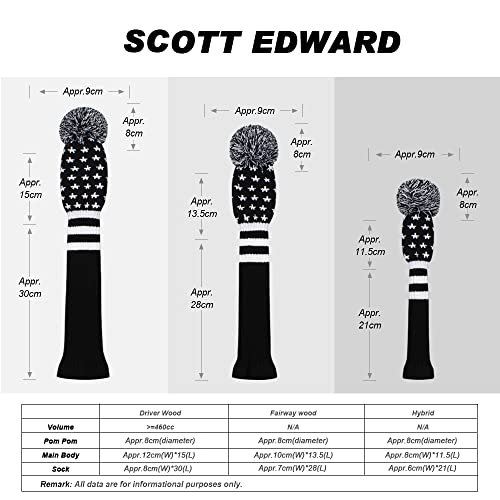 Scott Edward Knit Golf Club Cover for Woods and Driver Set of 5 Head Covers Protect Driver Wood(460cc) 1 Fairway Wood2 and Hybrid/UT2 with Rotating Club Number Tags (Black Star) - Image 3