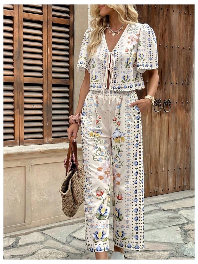 WDIRARA Women's Boho Floral 2 Piece Palazzo Pants Set Short Sleeve Tie Front Blouse Wide Leg Pants Vacation Outfits Apricot X-Large - Image 4