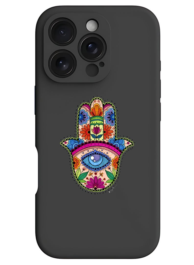 Theodor iPhone 16 Pro Black Protective Slim Fit Case Liquid Silicone Cover with Full Body Protection Anti-Scratch Shockproof Case For iPhone - Hand Mandala - Image 1