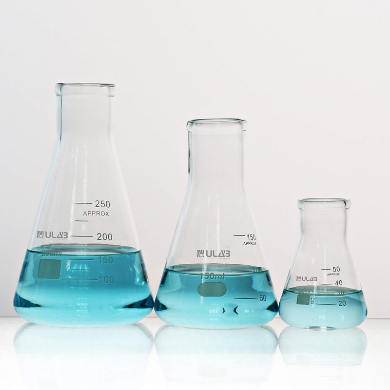 ULAB Scientific Narrow-Mouth Glass Erlenmeyer Flask Set, 3 Sizes 50ml 150ml 250ml, 3.3 Boro with Printed Graduation, UEF1001 - Image 4