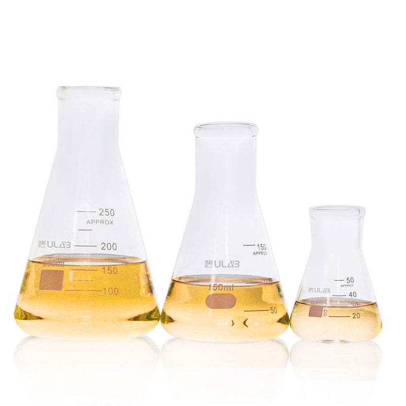 ULAB Scientific Narrow-Mouth Glass Erlenmeyer Flask Set, 3 Sizes 50ml 150ml 250ml, 3.3 Boro with Printed Graduation, UEF1001 - Image 1