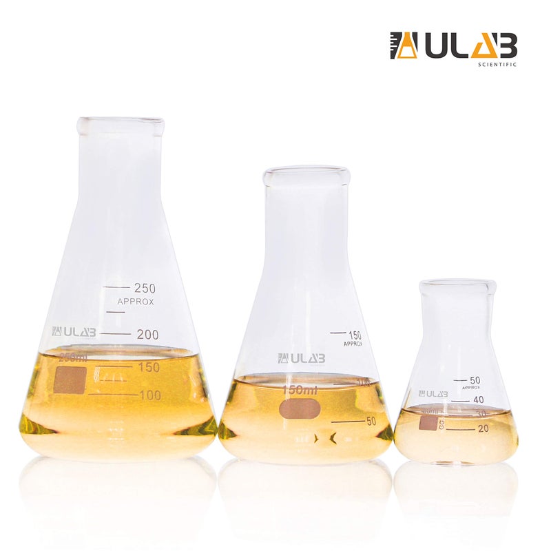ULAB Scientific Narrow-Mouth Glass Erlenmeyer Flask Set, 3 Sizes 50ml 150ml 250ml, 3.3 Boro with Printed Graduation, UEF1001 - Image 3