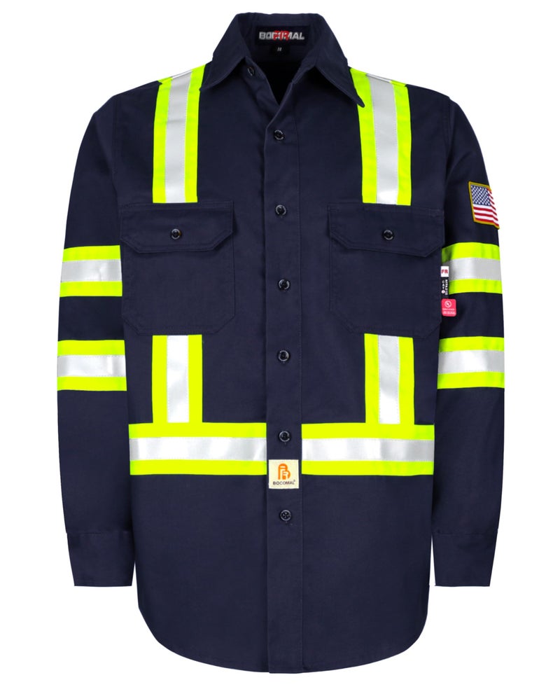 BOCOMAL FR Shirts High Visibility Button Down 7.5oz ANSI/ISEA Type O Class1 Flame Resistant Hi Vis Refective Safety Jacket - Image 1