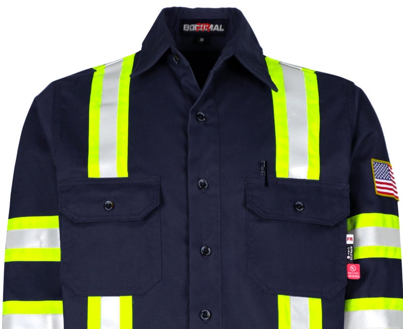 BOCOMAL FR Shirts High Visibility Button Down 7.5oz ANSI/ISEA Type O Class1 Flame Resistant Hi Vis Refective Safety Jacket - Image 4
