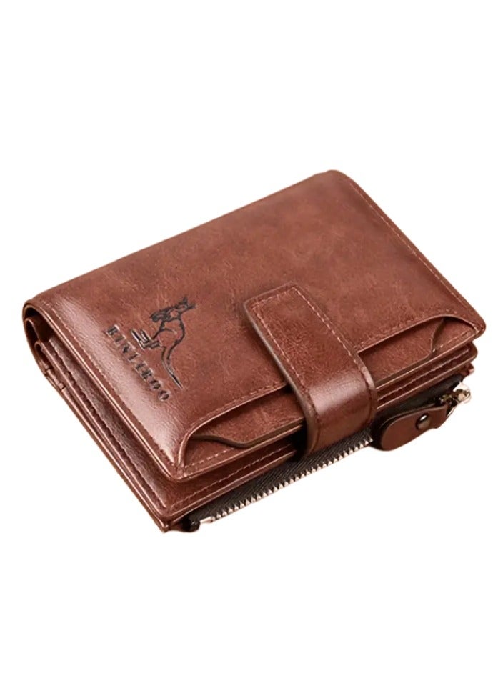 بنليرو محفظة جلدية أصلية للرجال بتصميم عتيق تتميز بفتحة بطاقات محمية بتقنية RFID، وحجرة للعملات المعدنية، وحامل بطاقات عمل، وسحّاب آمن للإغلاق. محفظة رجالية (بني). - Image 1