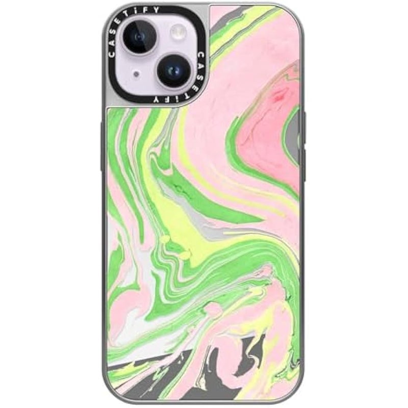 Casetify Mirror Case for iPhone 14 【Reflective / 4.9ft Drop Protection/Compatible with Magsafe】 - Pink & Green - Silver on Silver - Image 2