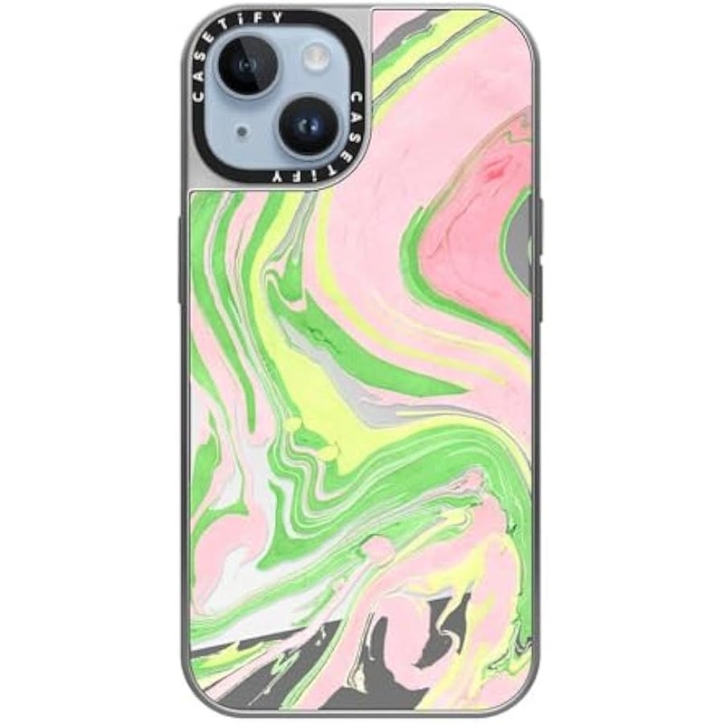 Casetify Mirror Case for iPhone 14 【Reflective / 4.9ft Drop Protection/Compatible with Magsafe】 - Pink & Green - Silver on Silver - Image 4