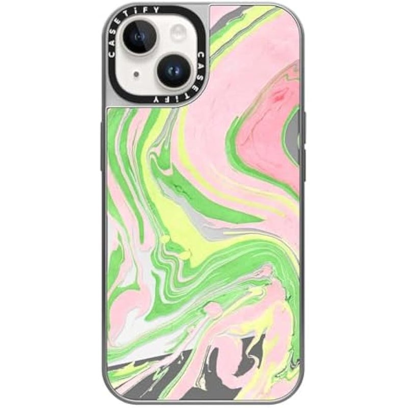 Casetify Mirror Case for iPhone 14 【Reflective / 4.9ft Drop Protection/Compatible with Magsafe】 - Pink & Green - Silver on Silver - Image 1