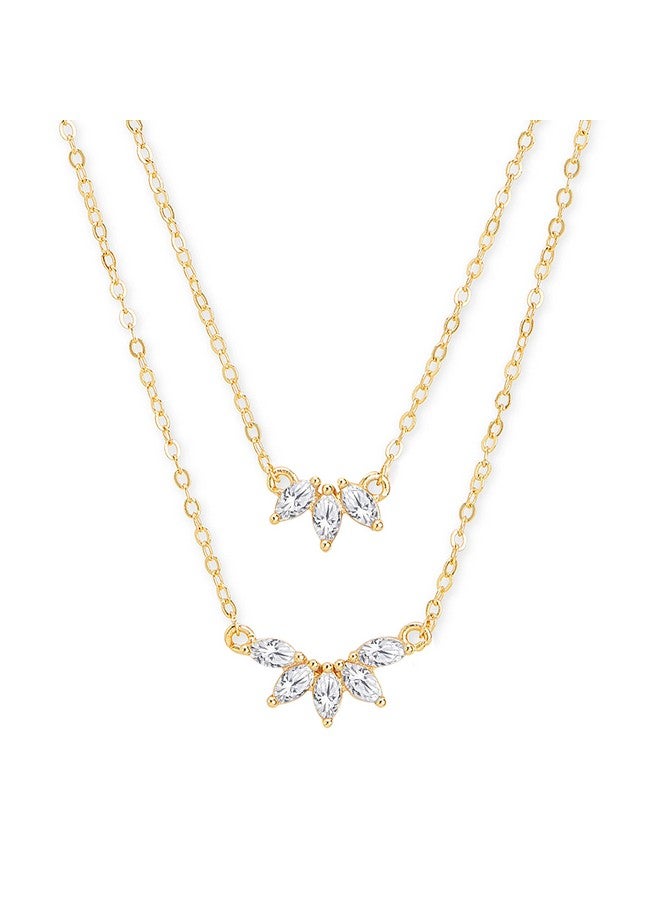 MINUTIAE Double Layered Chain Necklace With Flower Cut Diamond Pendant With Austrian Cubic Zirconia For Women And Girls With Extendable Chain (Gold)