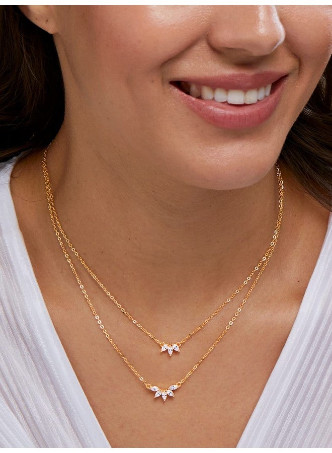 MINUTIAE Double Layered Chain Necklace With Flower Cut Diamond Pendant With Austrian Cubic Zirconia For Women And Girls With Extendable Chain (Gold)