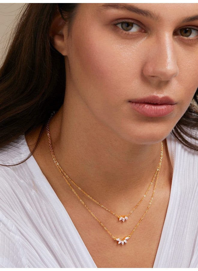 MINUTIAE Double Layered Chain Necklace With Flower Cut Diamond Pendant With Austrian Cubic Zirconia For Women And Girls With Extendable Chain (Gold)