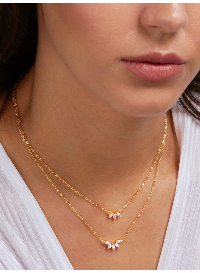 MINUTIAE Double Layered Chain Necklace With Flower Cut Diamond Pendant With Austrian Cubic Zirconia For Women And Girls With Extendable Chain (Gold)