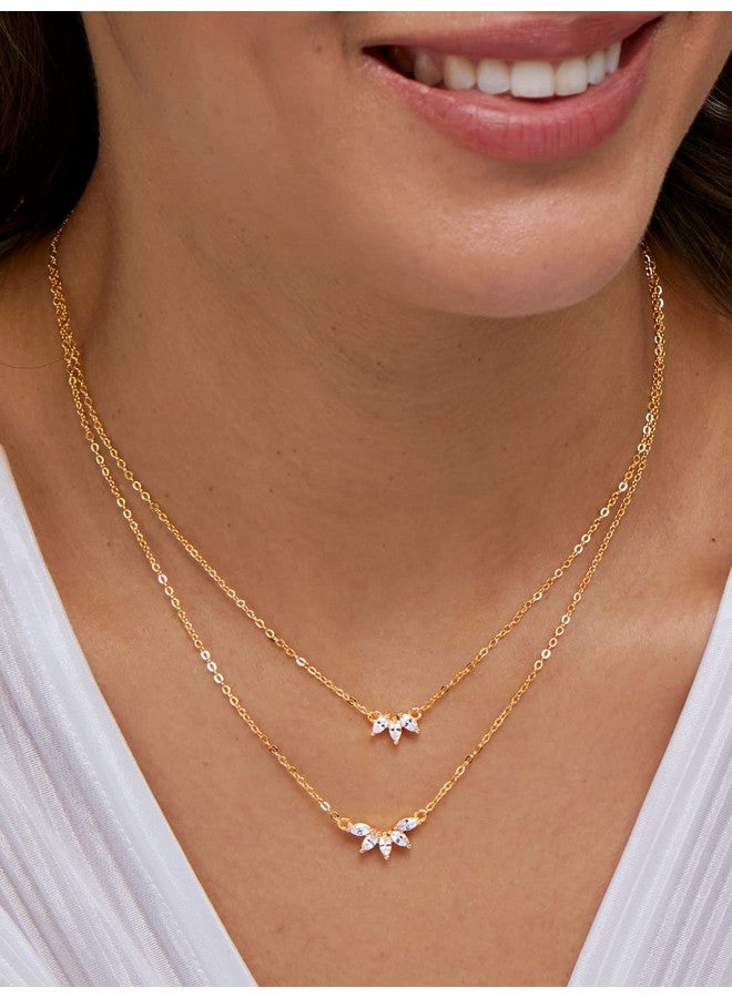 MINUTIAE Double Layered Chain Necklace With Flower Cut Diamond Pendant With Austrian Cubic Zirconia For Women And Girls With Extendable Chain (Gold)