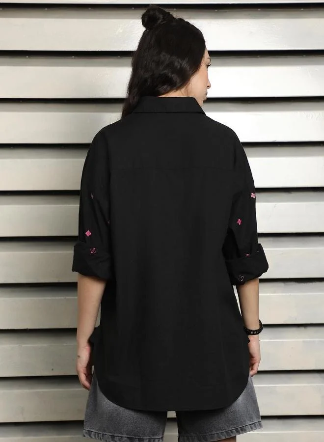 HIGH STAR Women's Black 100% Cotton Embroidered Button Down Oversized Shirt