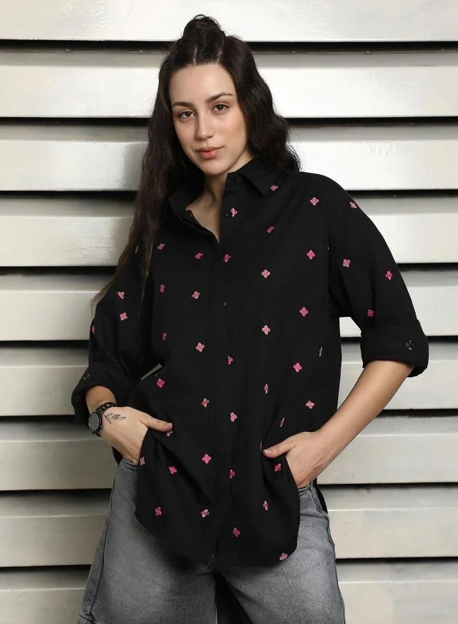 HIGH STAR Women's Black 100% Cotton Embroidered Button Down Oversized Shirt