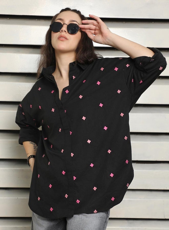 HIGH STAR Women's Black 100% Cotton Embroidered Button Down Oversized Shirt - Image 5