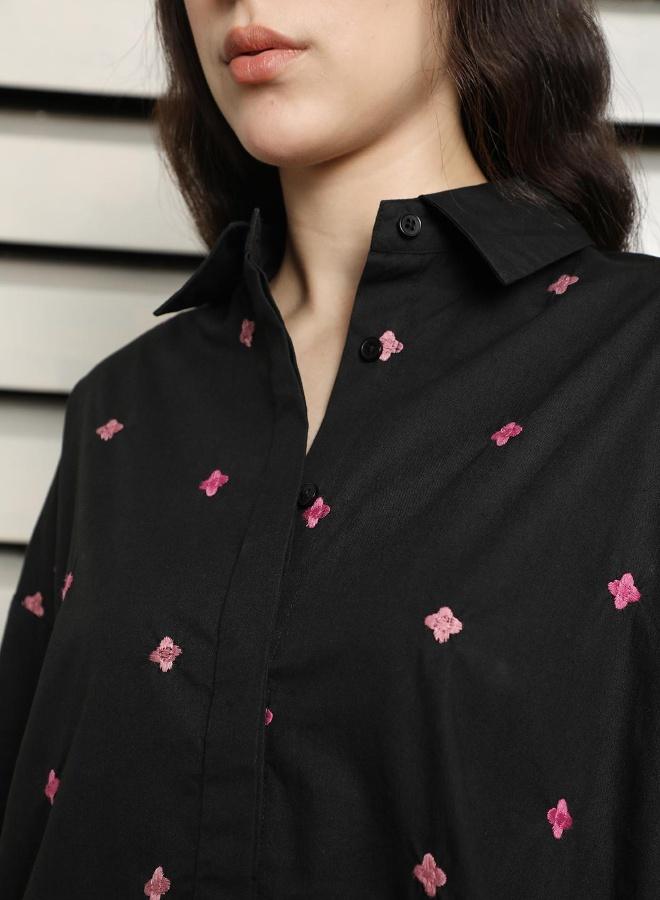 HIGH STAR Women's Black 100% Cotton Embroidered Button Down Oversized Shirt - Image 3
