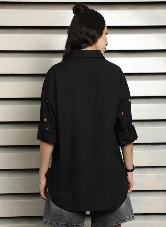 HIGH STAR Women's Black 100% Cotton Embroidered Button Down Oversized Shirt - Image 2